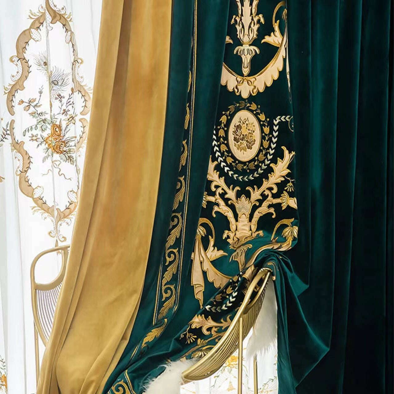 Rémy Luxury  Embroidered Velvet Curtains - Teal