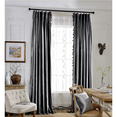 Rémy Luxury European Blackout Tassel Velvet Curtains - Charcoal Gray