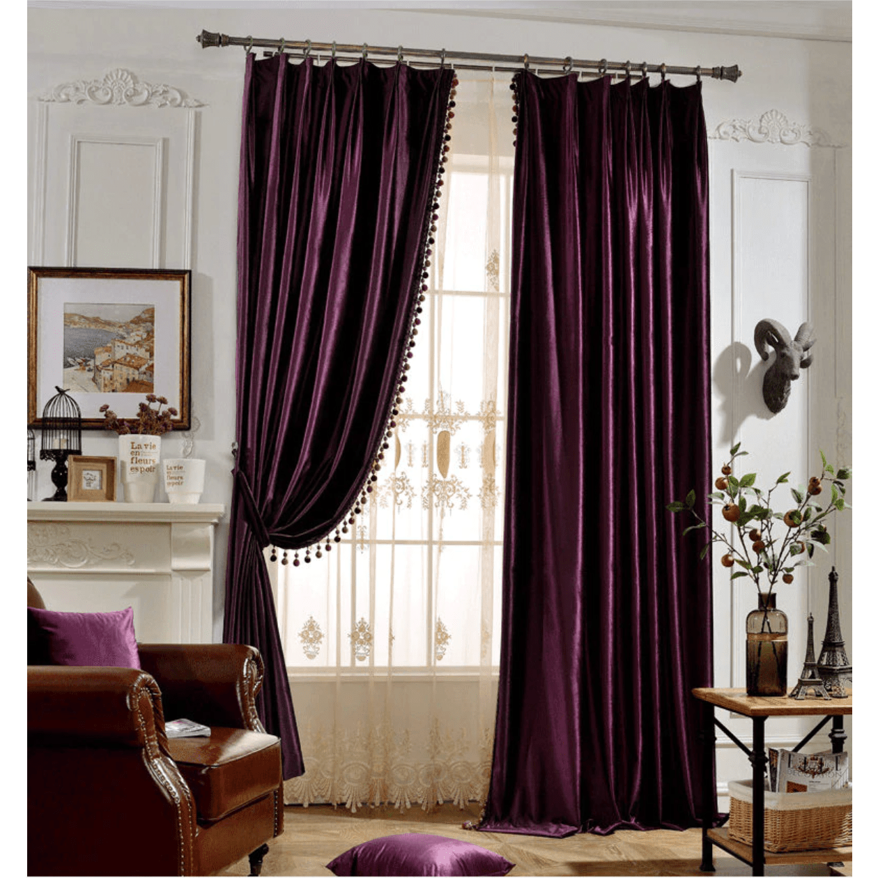 Rémy Luxury European Blackout Pompom Tassel Lace Velvet Curtains