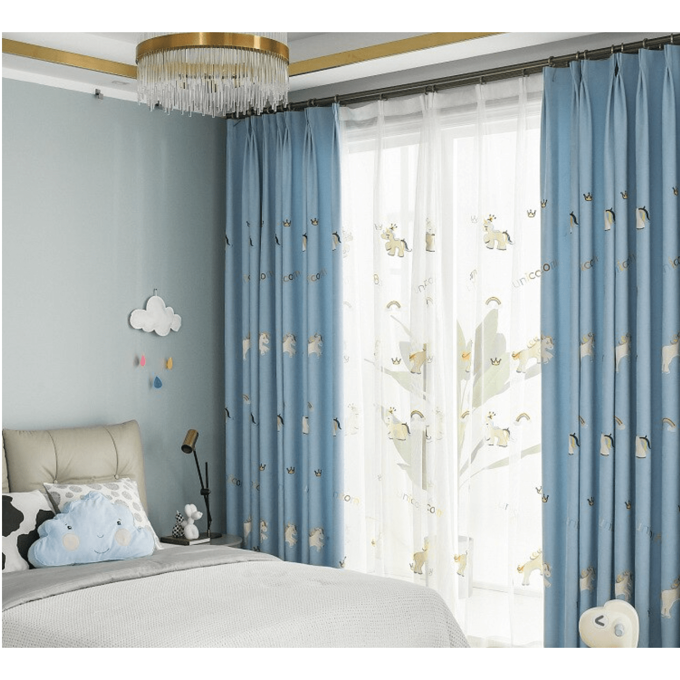 Rémy Unicorn Embroidered Curtains for Kids Bedroom - Blue