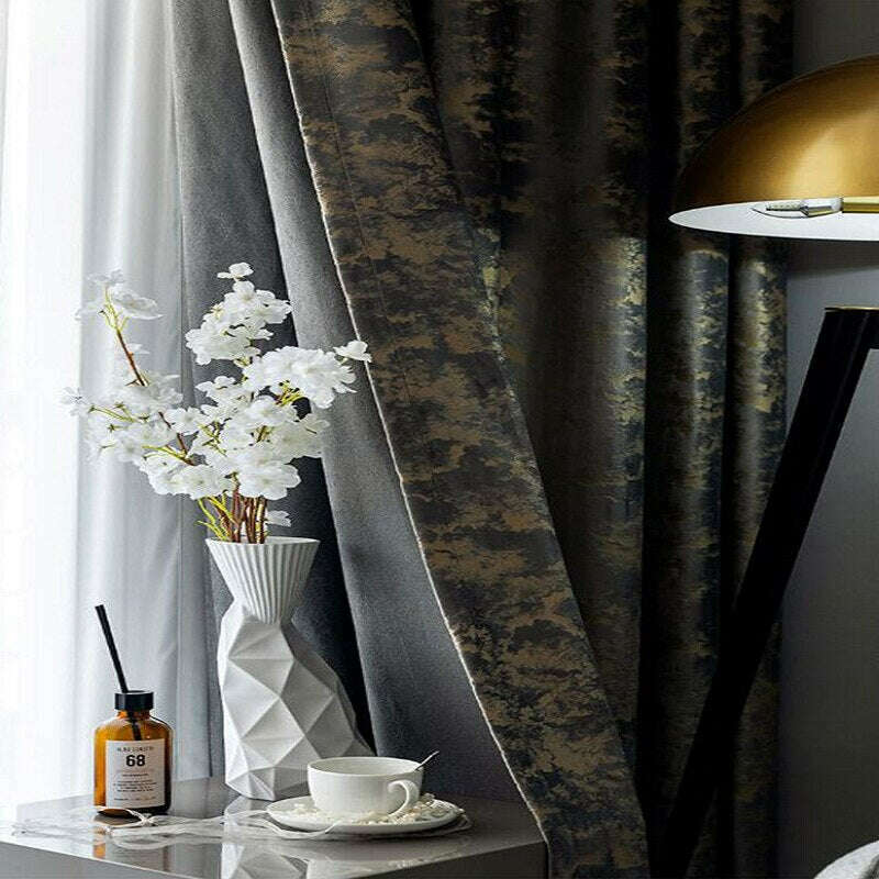 T.B. London Luxury  Golden Textured Velvet Curtains- Gray