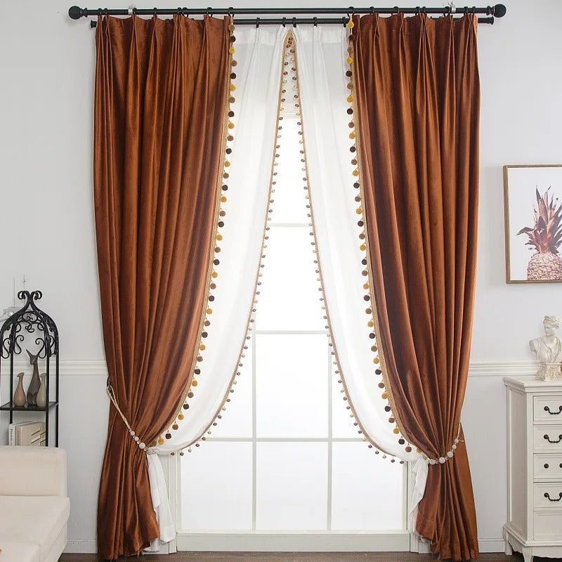 Rémy Luxury European Pompom Lace Velvet Curtains - Orange