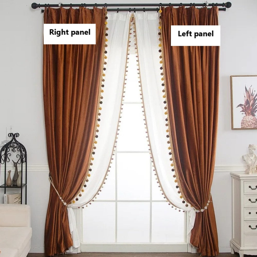 Rémy Luxury European Pompom Lace Velvet Curtains - Orange