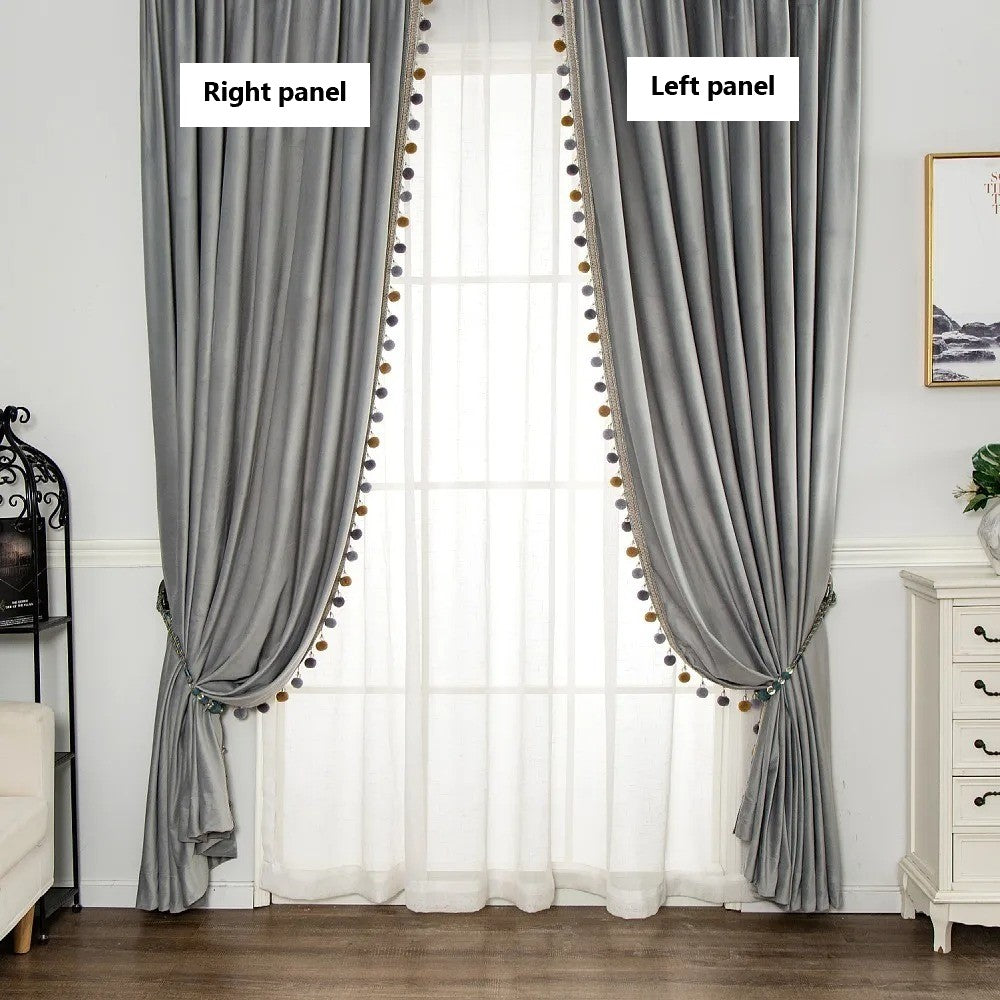 Rémy Luxury European Pompom Lace Velvet Curtains - Light Gray