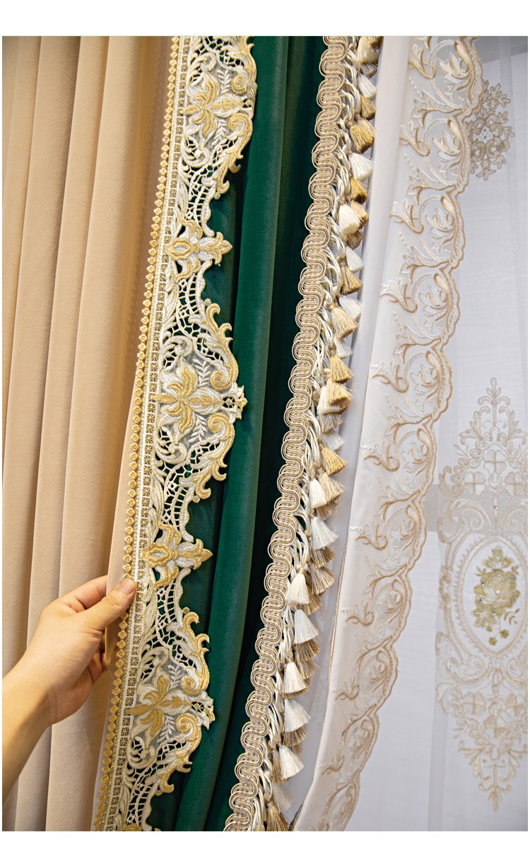 Mila Luxury Lace Border Luxury Velvet Curtain - Green & Beige