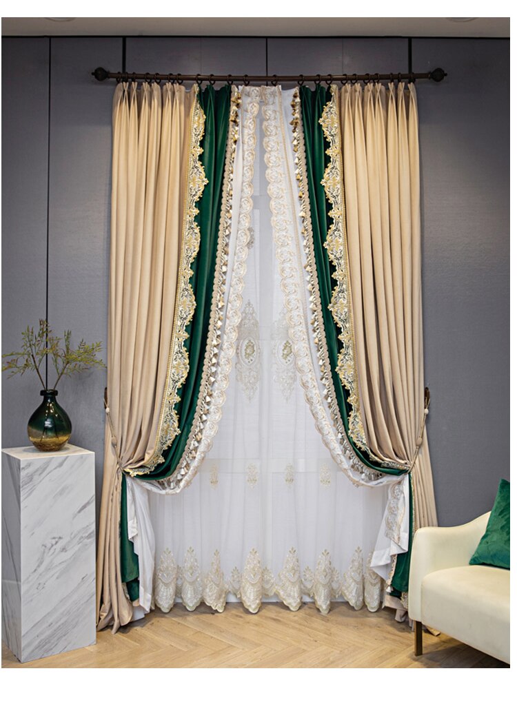 Mila Luxury Lace Border Luxury Velvet Curtain - Green & Beige